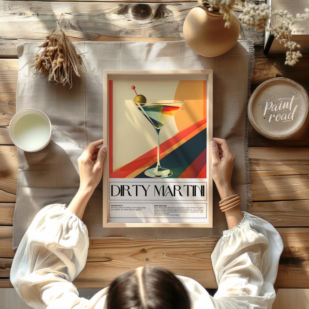 This artistic poster features a stylized representation of a Dirty Martini cocktail, presented in a… for dining room
