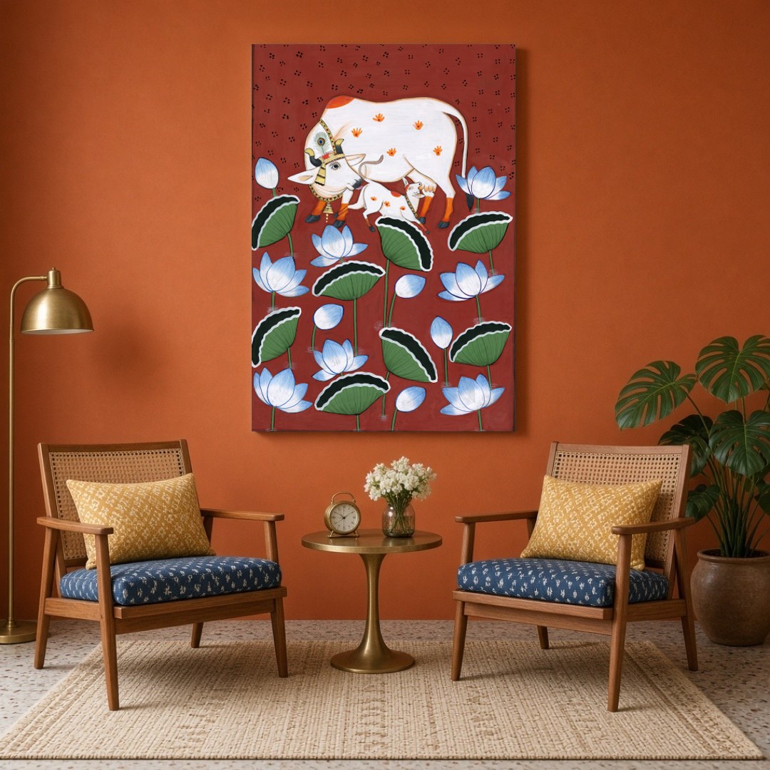This exquisite Pichwai art piece captures the tender bond between a sacred Kamdhenu cow and her for Sitting Area