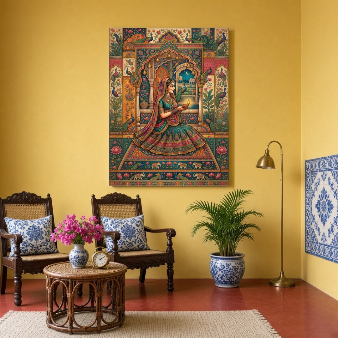 Celebrate the serene beauty and spiritual devotion of this captivating Pichwai art piece. A for Sitting Area