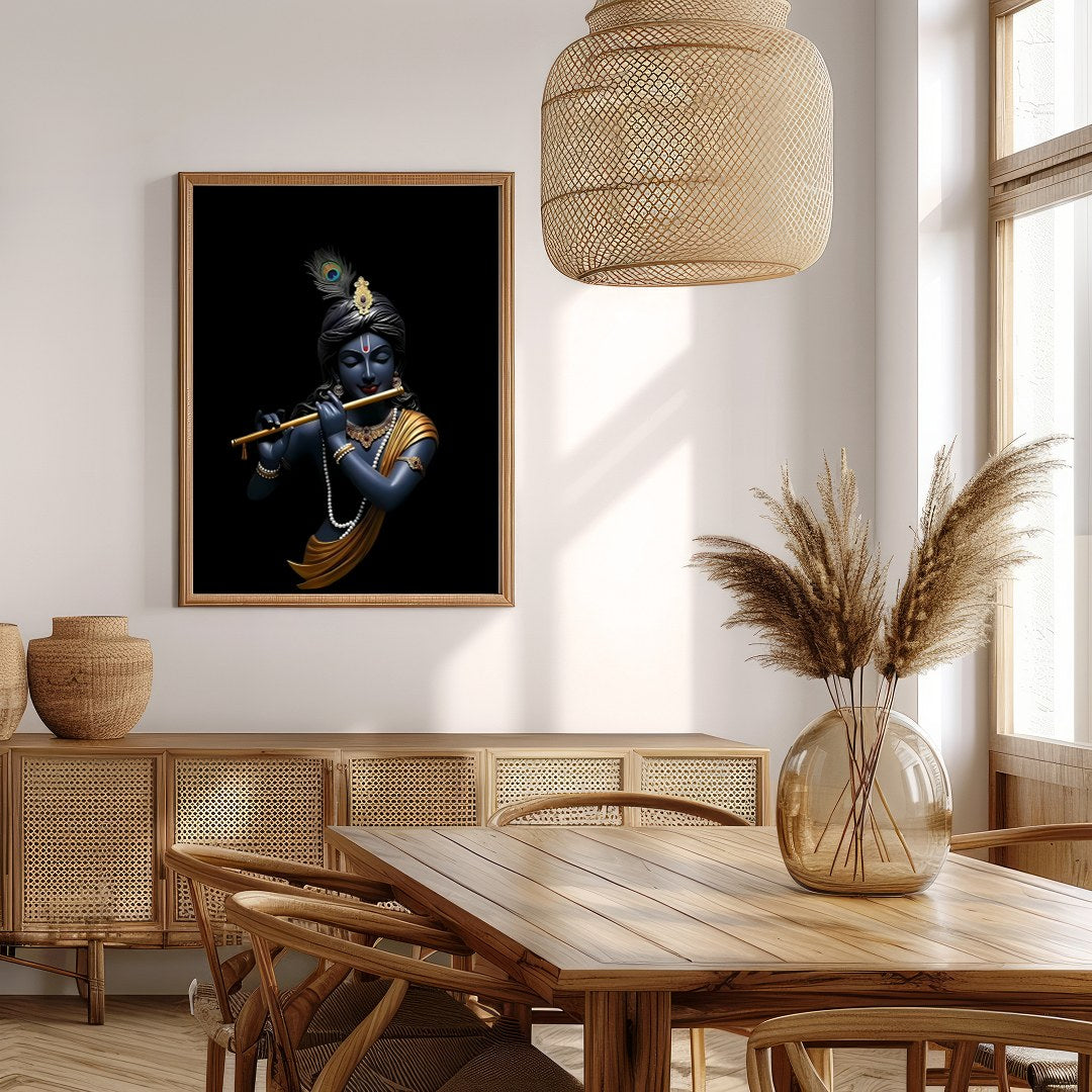 This stunning artwork captures the serene elegance of a divine figure playing a flute, set against for Extra Kitchen
