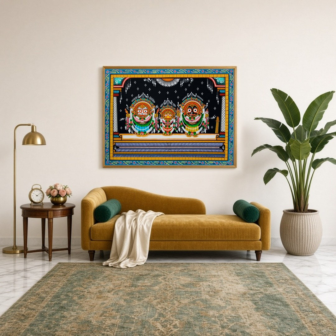 Experience the divine presence with this captivating Pattachitra artwork depicting the Jagannath for Sitting Lounge