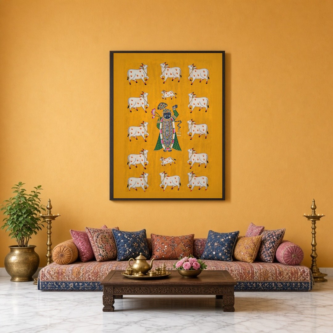 Immerse yourself in the spiritual charm of this exquisite Pichwai artwork featuring Shrinathji for Sitting Lounge