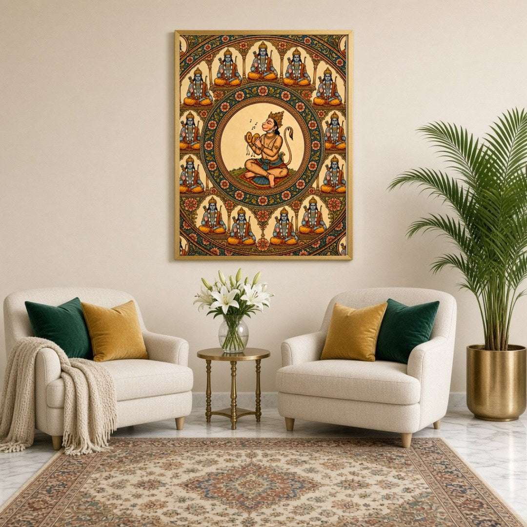 Immerse yourself in the divine energy of Lord Hanuman as he is beautifully encompassed by the Ram for Sitting Lounge
