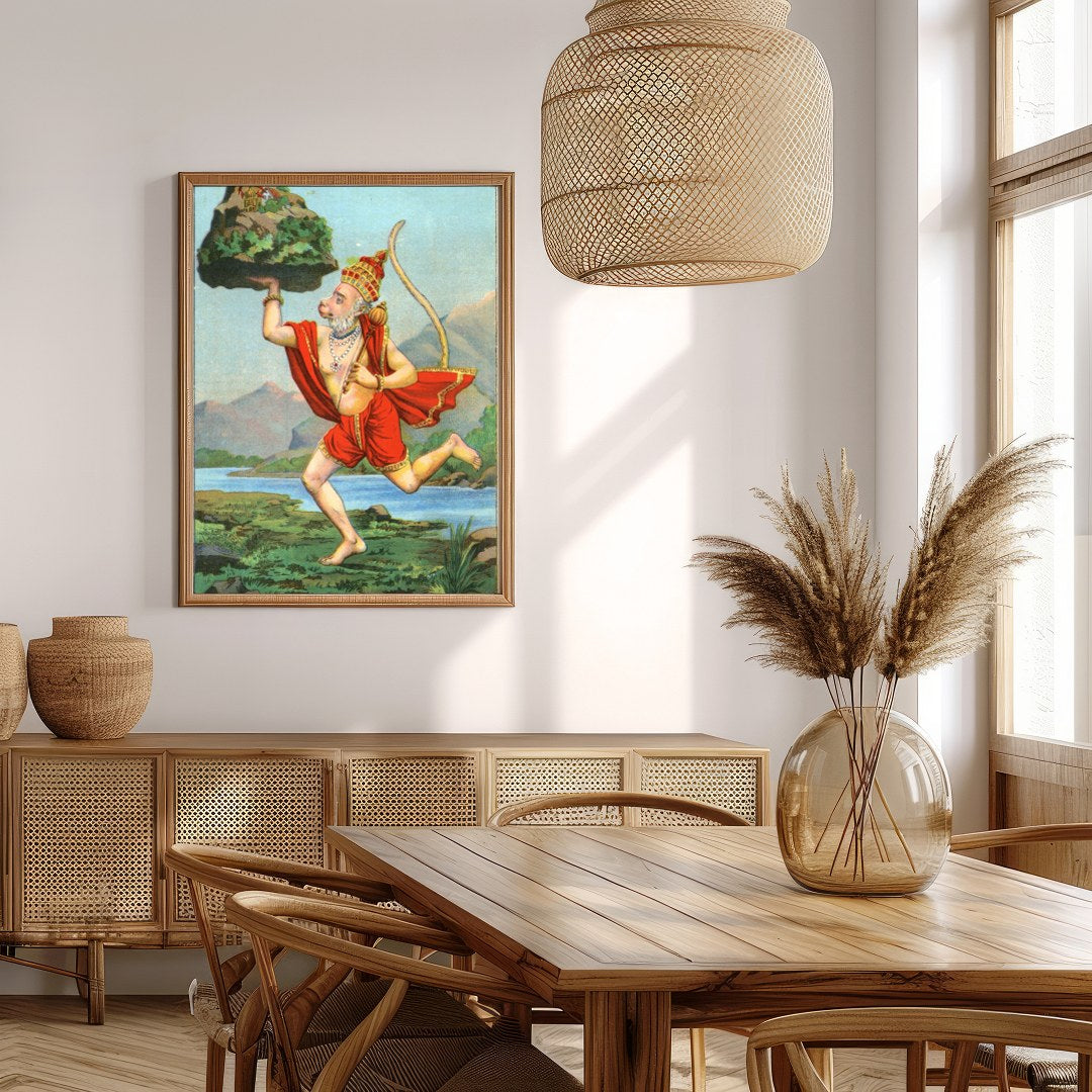 Capture the essence of divinity and strength with this vibrant depiction of Hanuman carrying a for Extra Kitchen