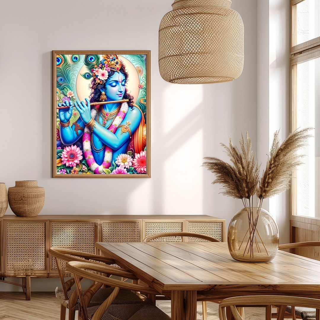 Experience the divine presence of Lord Krishna through this vibrant artwork, where brilliant hues for Extra Kitchen