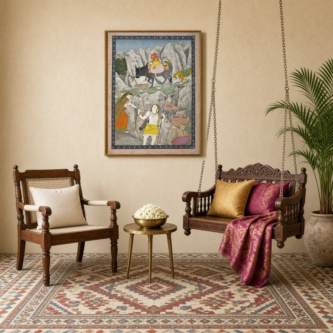Experience the divine narrative of Parvati with Ganesha on Nandi, journeying through a dramatic for Sitting Lounge