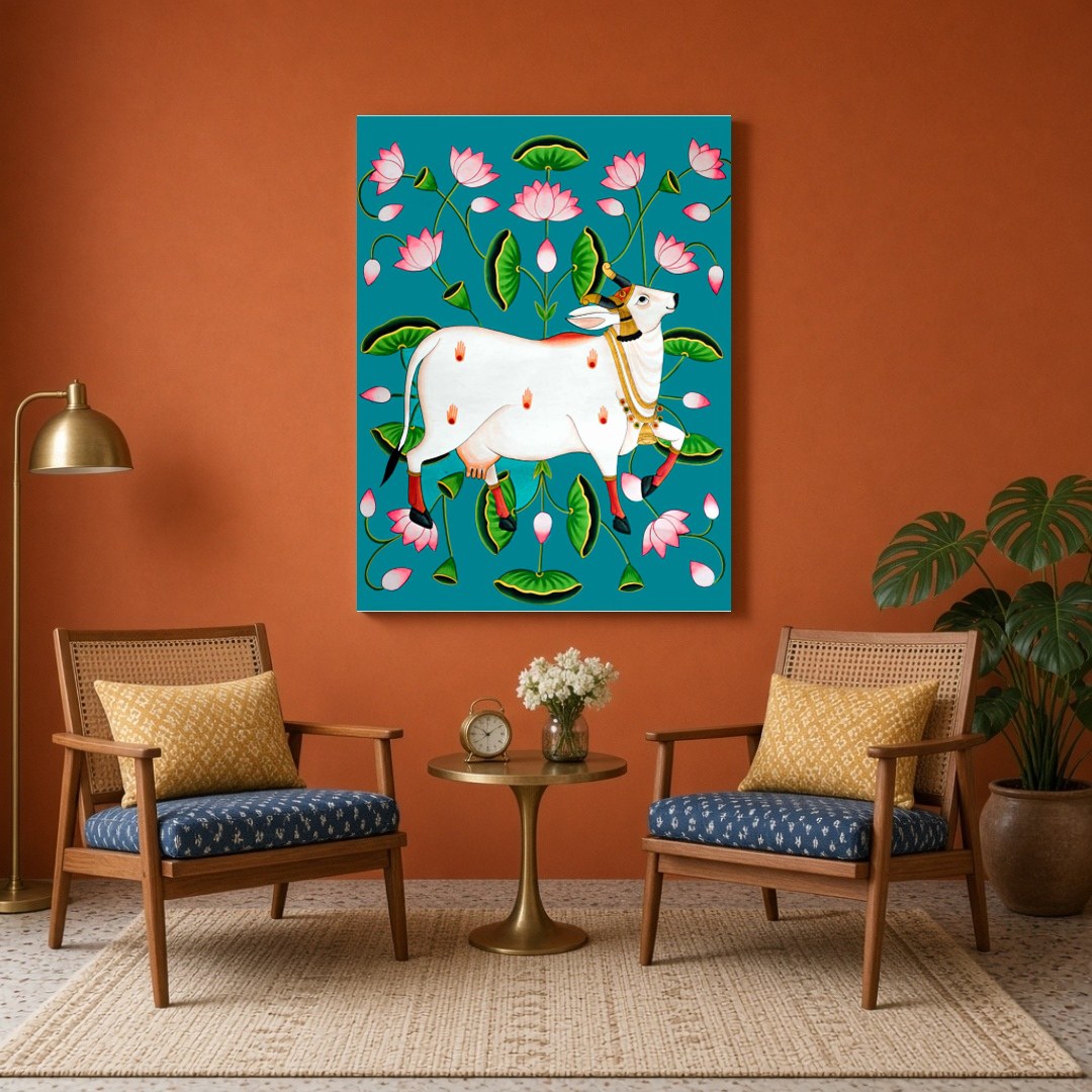 Immerse your space in the divine allure of this Pichwai artwork featuring the sacred Kamdhenu for Sitting Area