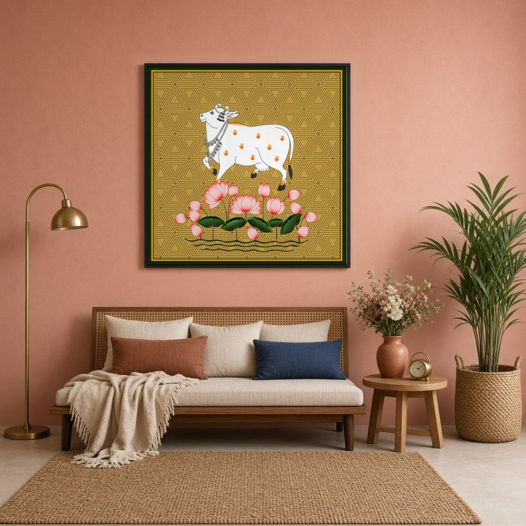 This captivating Pichwai painting features the sacred Kamdhenu amidst a vibrant display of lotus for Sitting Lounge