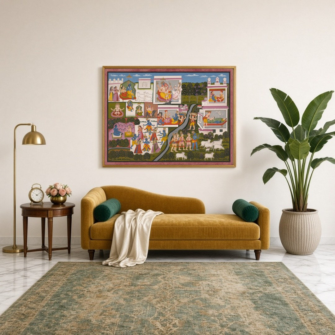 Immerse yourself in the enchanting world of Krishna with this captivating Pichwai art print. for Sitting Lounge