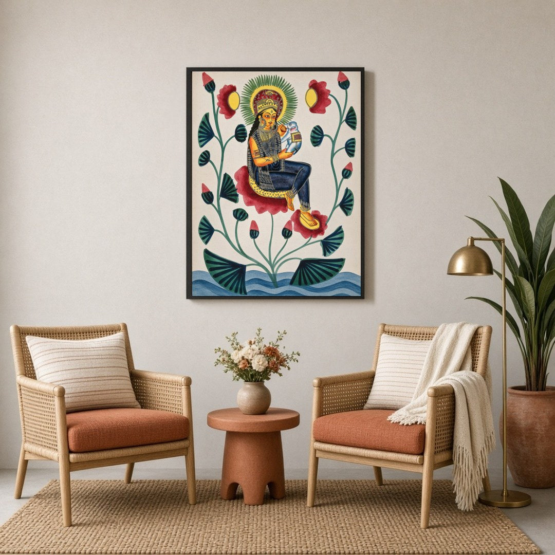 Experience the divine elegance of this Kalighat painting, depicting a goddess gracefully seated for Sitting Lounge