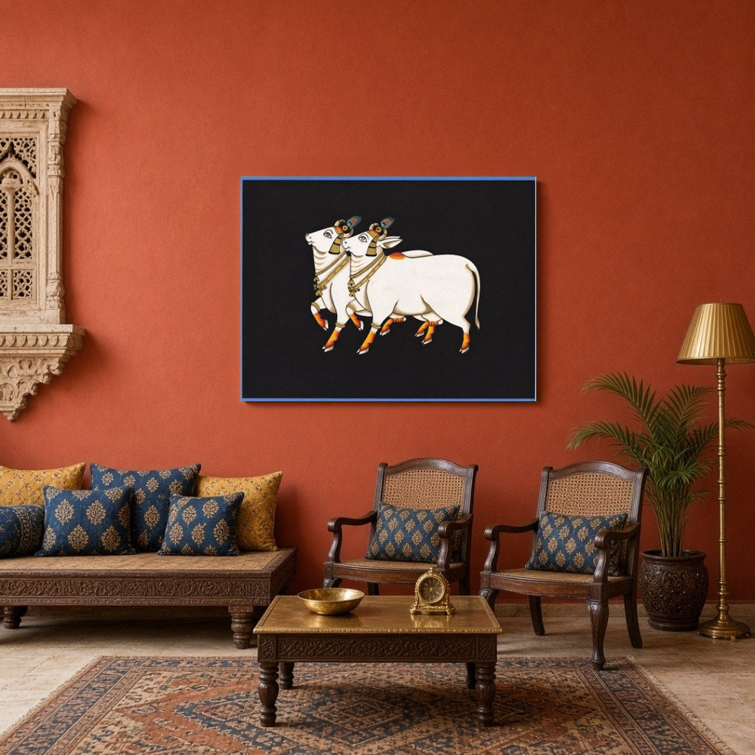 Immerse yourself in the serene grace of the 'Divine Pair of Kamdhenu Cows: Pichwai Elegance.' This for Sitting Area