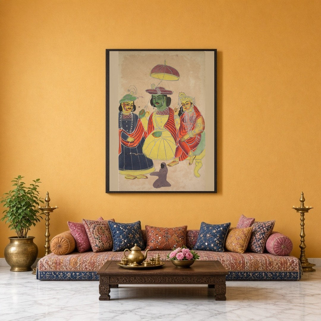 Immerse yourself in the epic tales of the Ramayana with this striking Kalighat artwork, featuring for Sitting Lounge