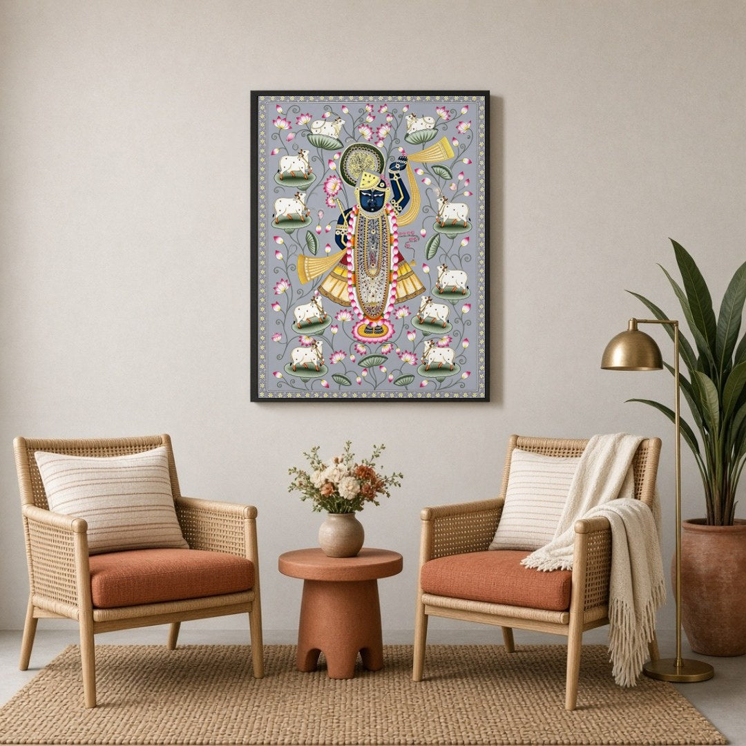 Celebrate the divine grace of Shrinathji, beautifully depicted in this exquisite Pichwai art print. for Sitting Lounge