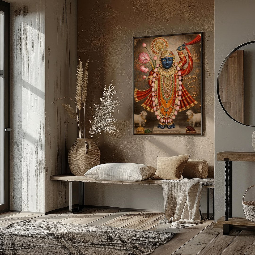 Revel in the divine presence of Shrinathji, exquisitely adorned with golden embellishments and for Sitting Lounge