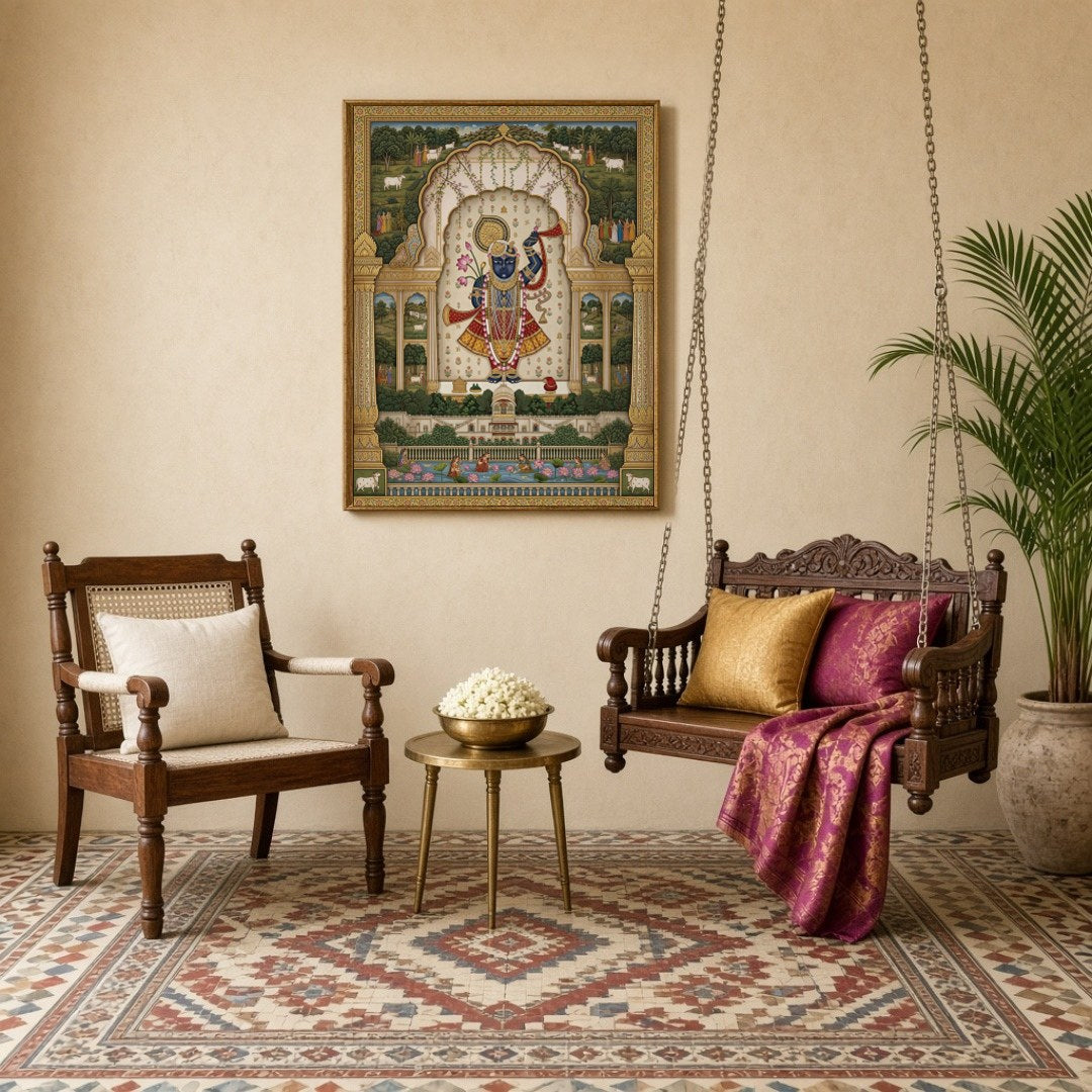 Immerse yourself in the celestial elegance of Shrinathji, graced with a lotus and flute, set amidst for Sitting Lounge