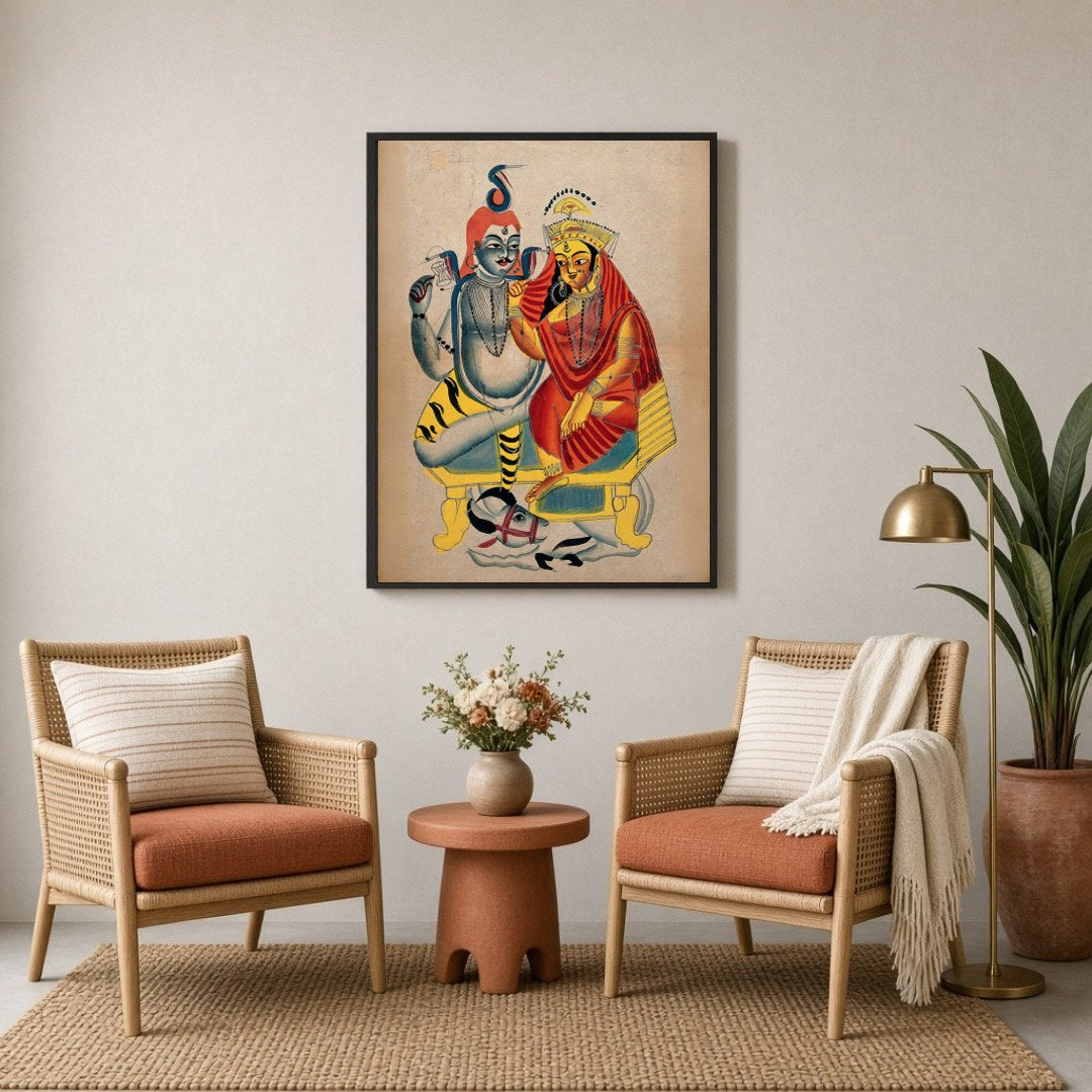 Immerse your space in spiritual harmony with this enchanting Kalighat artwork of Shiva and Parvati for Sitting Lounge
