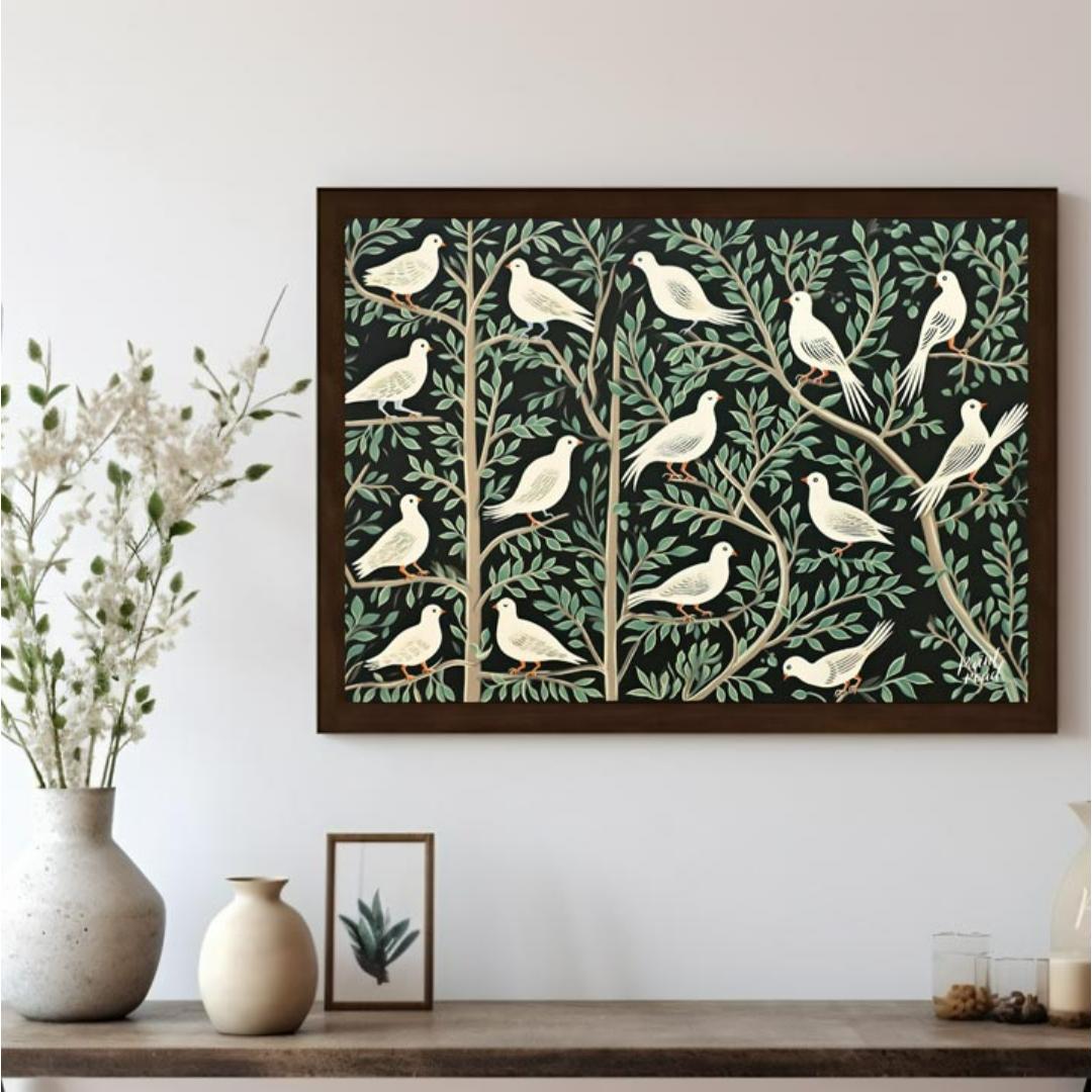 This artwork presents a visually rich and intricate pattern featuring white doves perched on styliz… for living room