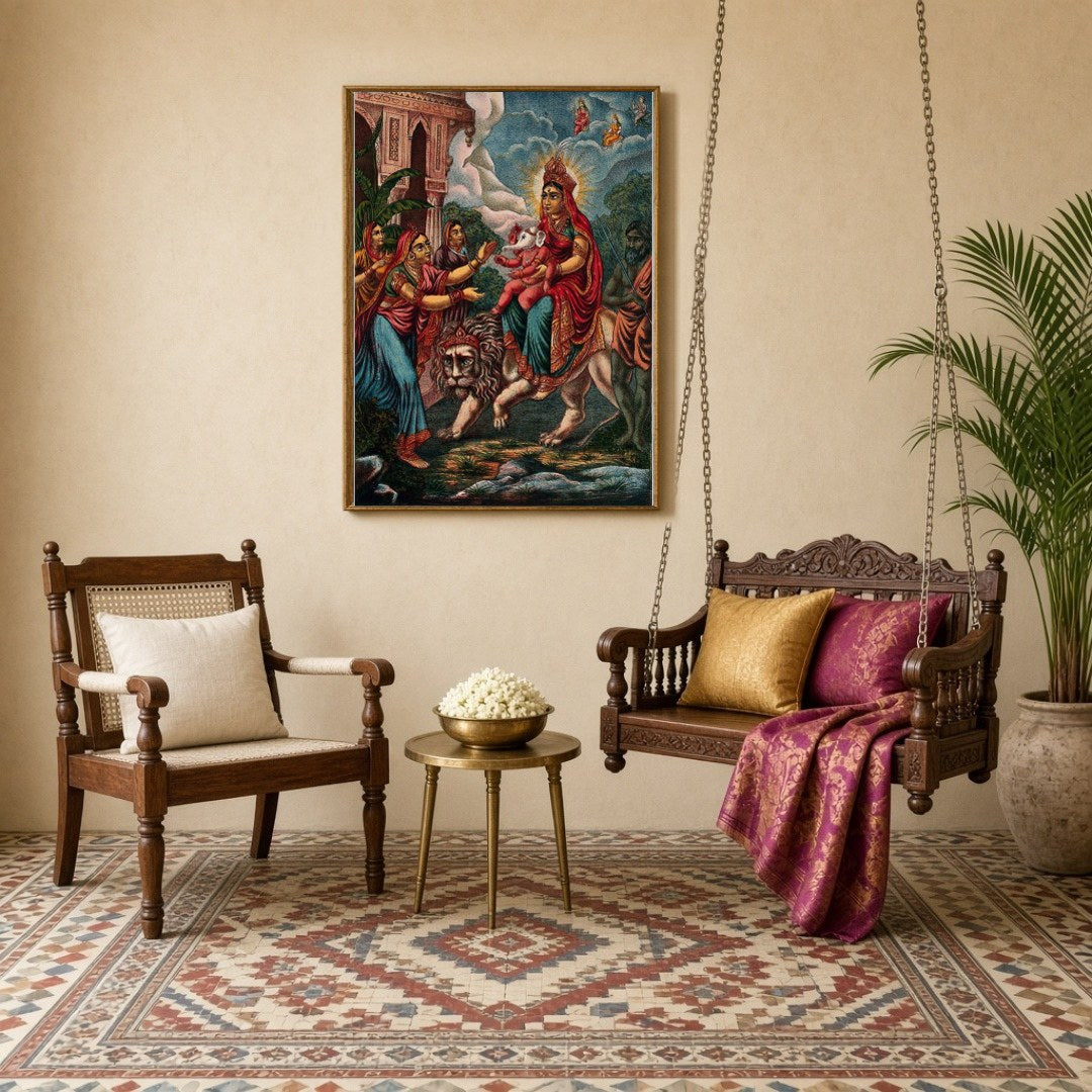 Immerse yourself in the divine power of goddess Durga as she majestically rides her lion, for Sitting Lounge