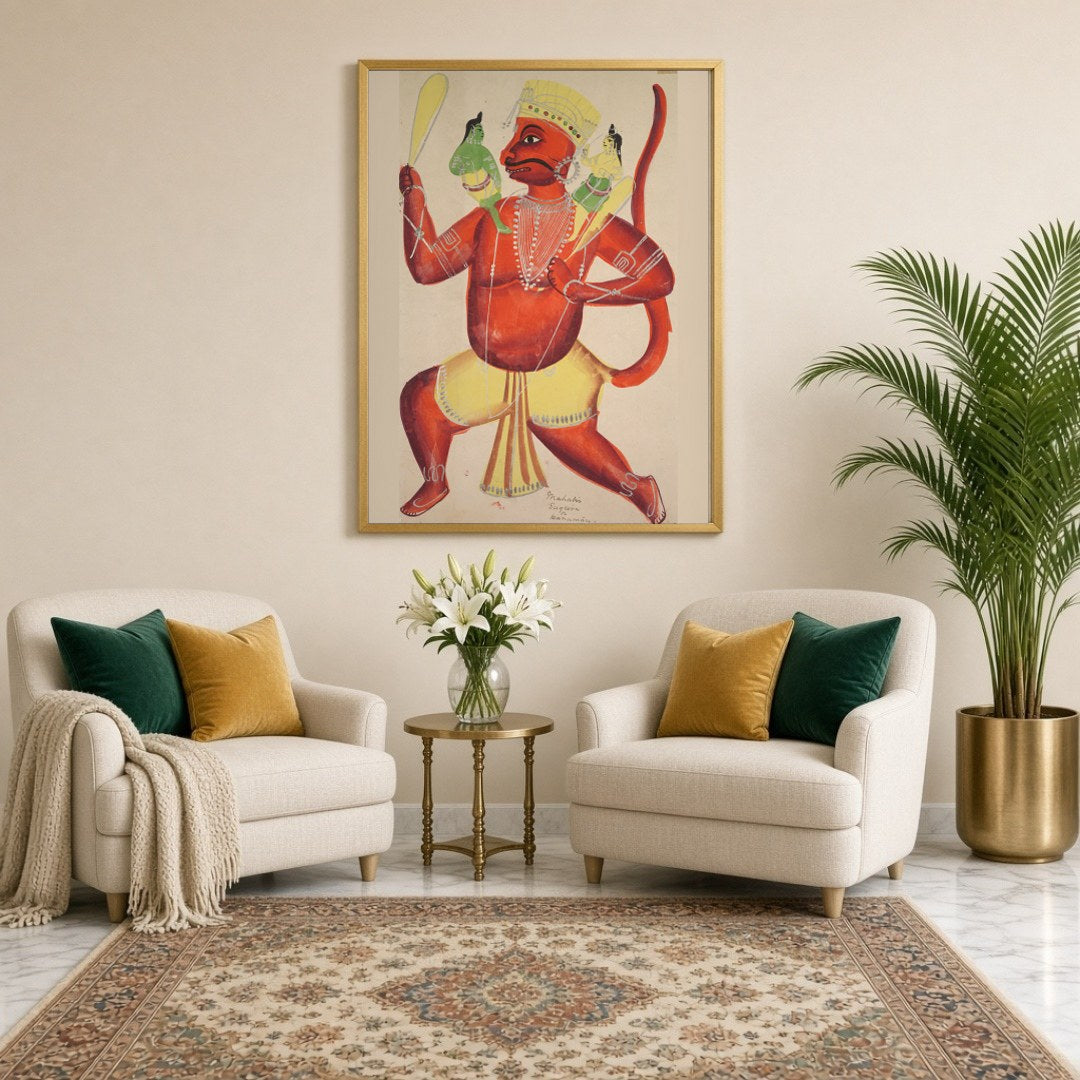 Immerse yourself in the divine narrative of Lord Hanuman carrying Rama and Lakshmana, beautifully for Sitting Lounge