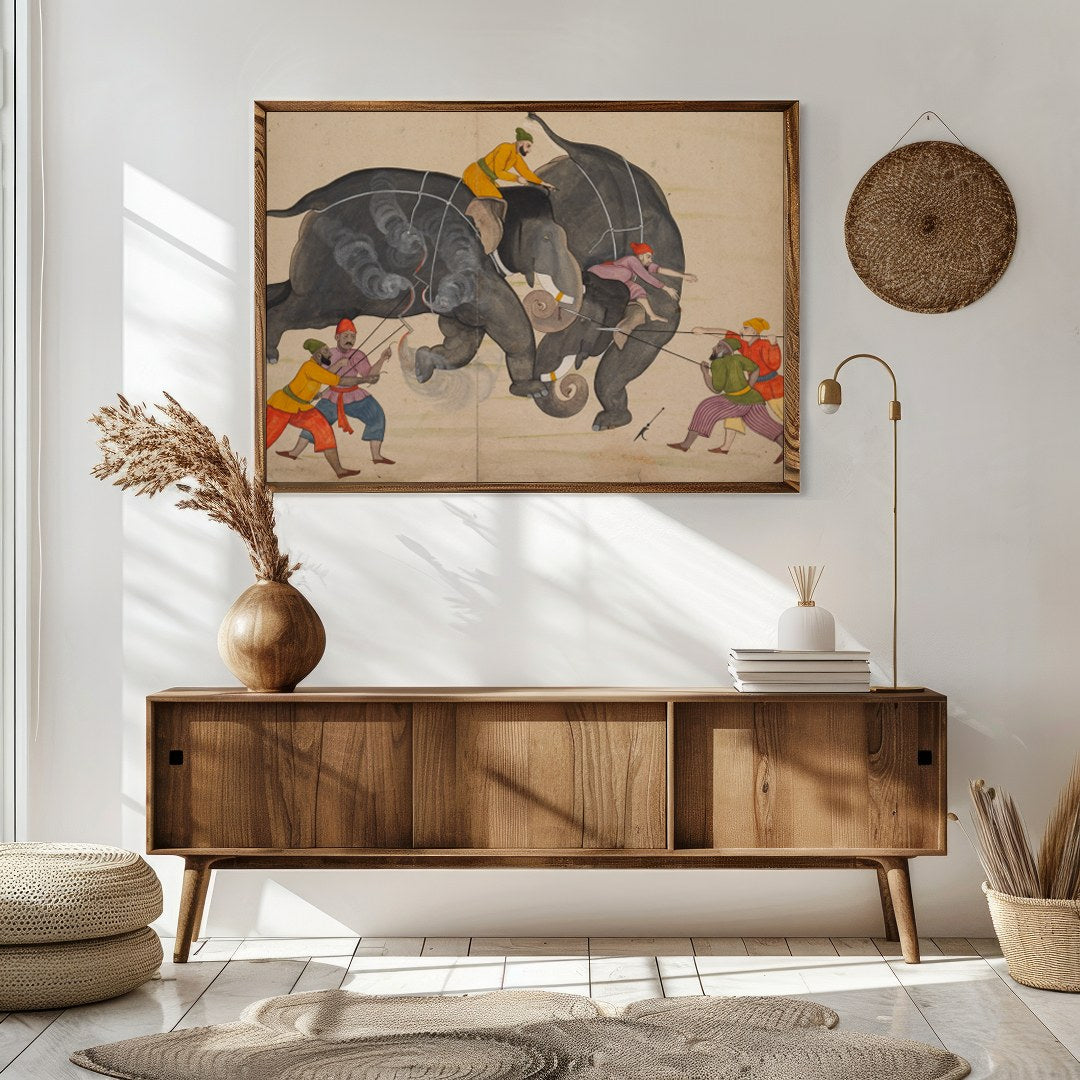 This captivating artwork portrays a traditional elephant duel, capturing the intensity and motion for Sitting Area