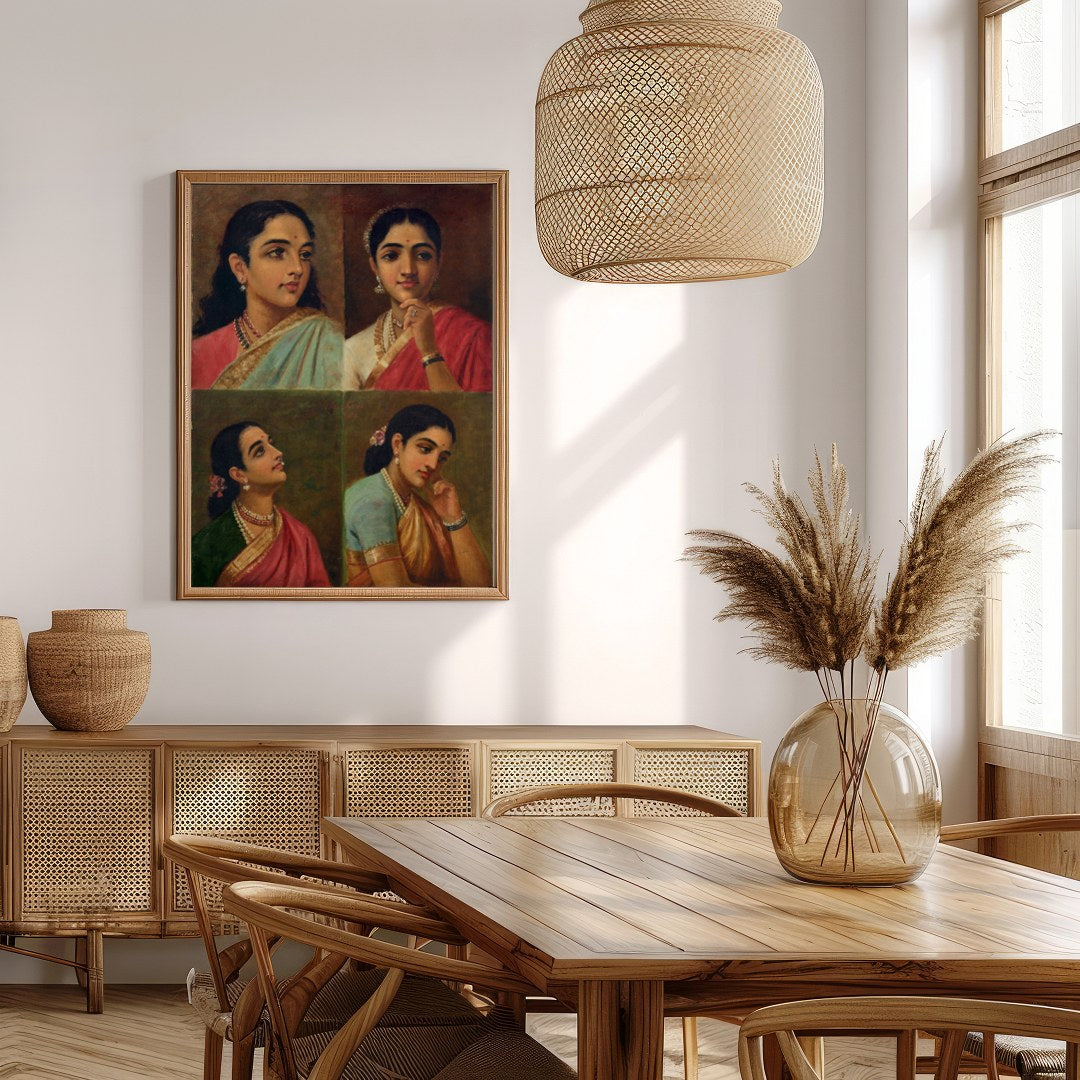 This beautiful artwork features four distinct portraits of Indian women, each exuding grace and for Extra Kitchen