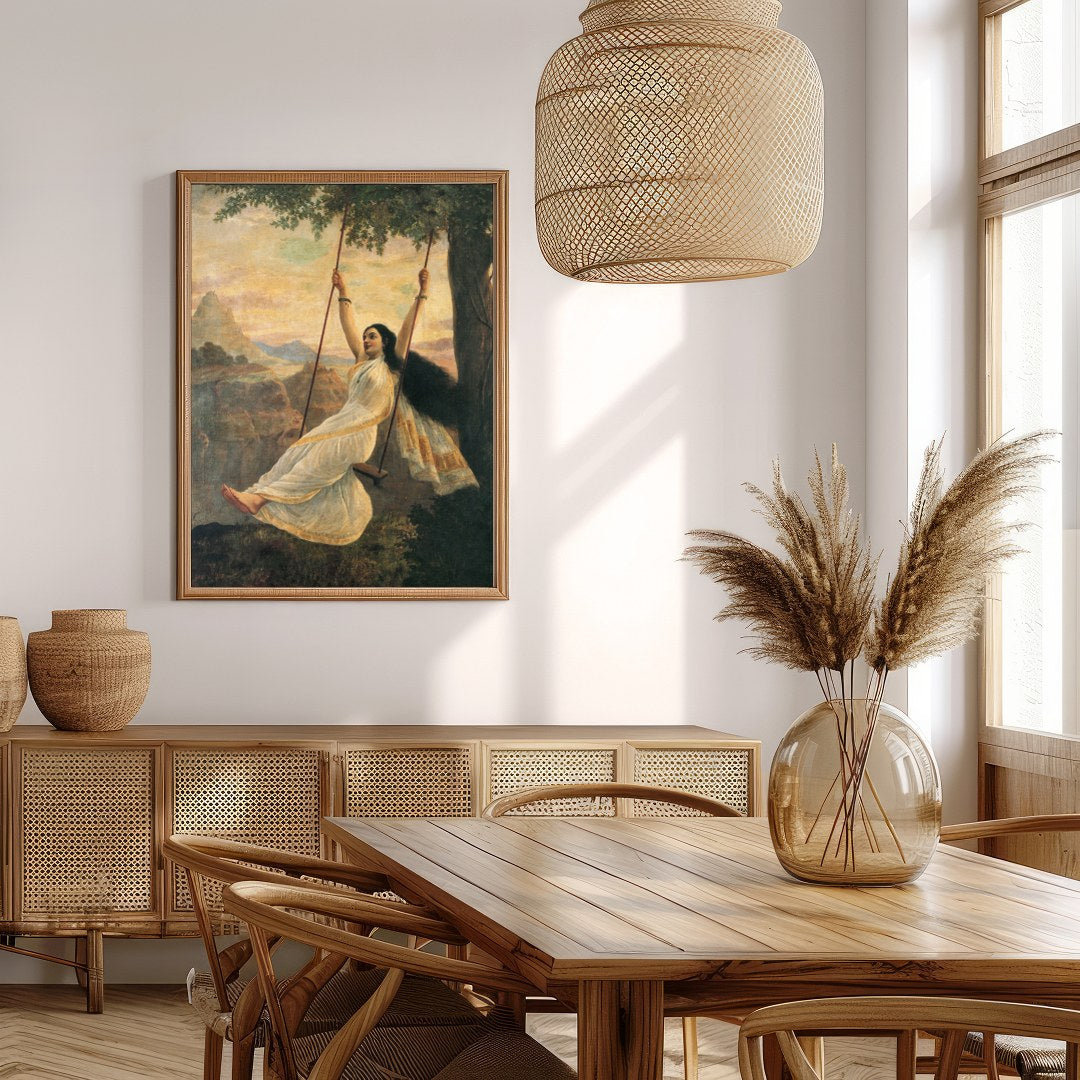 Capture the essence of serene delight with this stunning artwork portraying a graceful woman on a for Extra Kitchen
