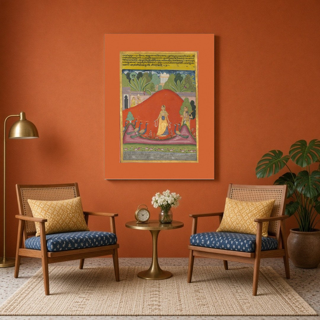 This captivating Ragamala artwork captures a serene lady standing amongst vibrant peacocks in a for Sitting Area