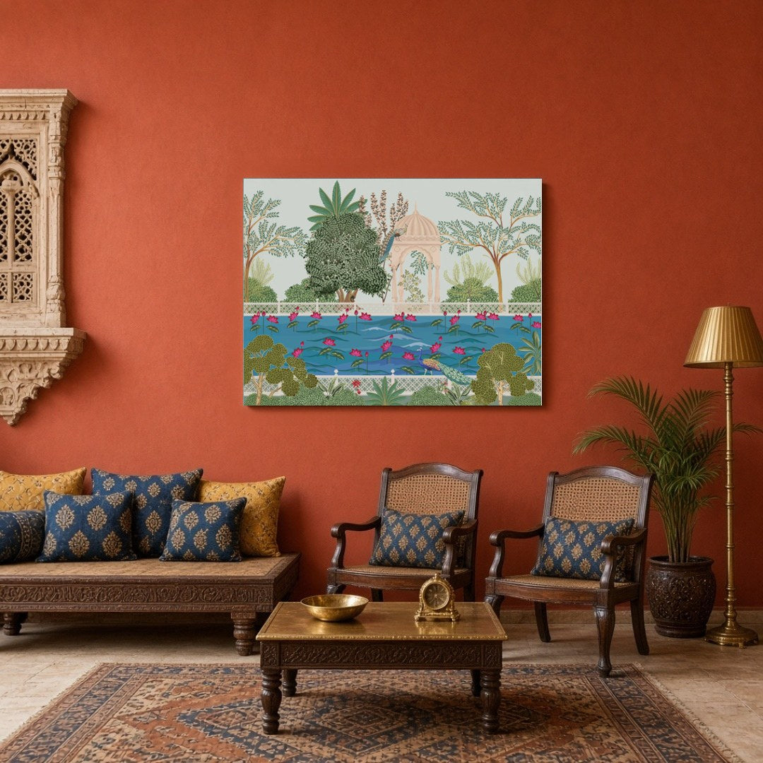 This captivating Pichwai artwork immerses you in a serene garden scene surrounding Krishna's for Sitting Area