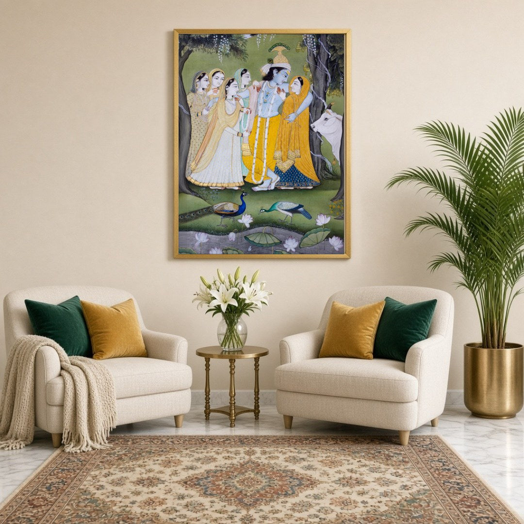 This exquisite Pichwai artwork captures the divine interaction between Krishna, Radha, and the for Sitting Lounge