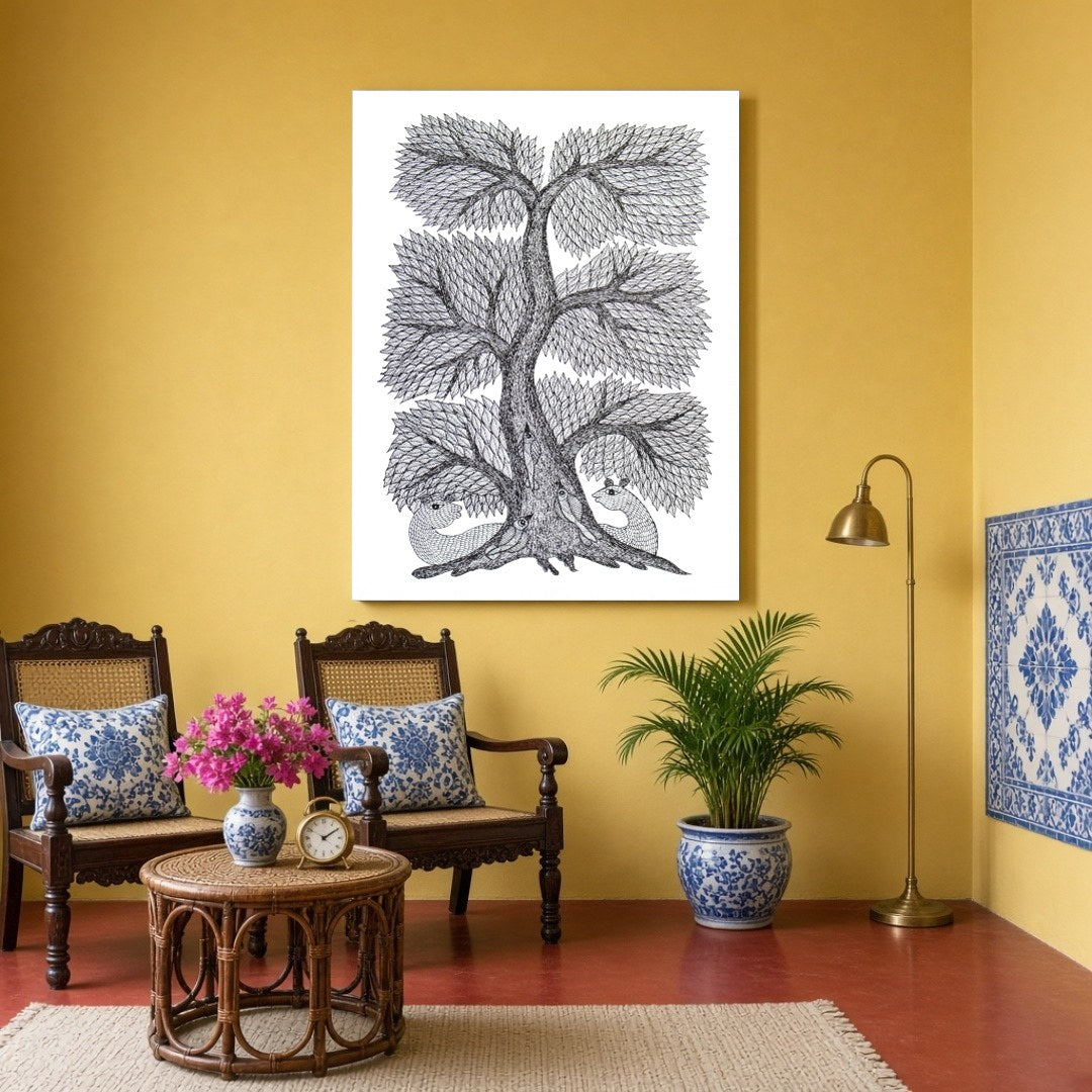 This captivating Gond Art piece beautifully showcases the intricate Tree of Life, a symbol of for Sitting Area