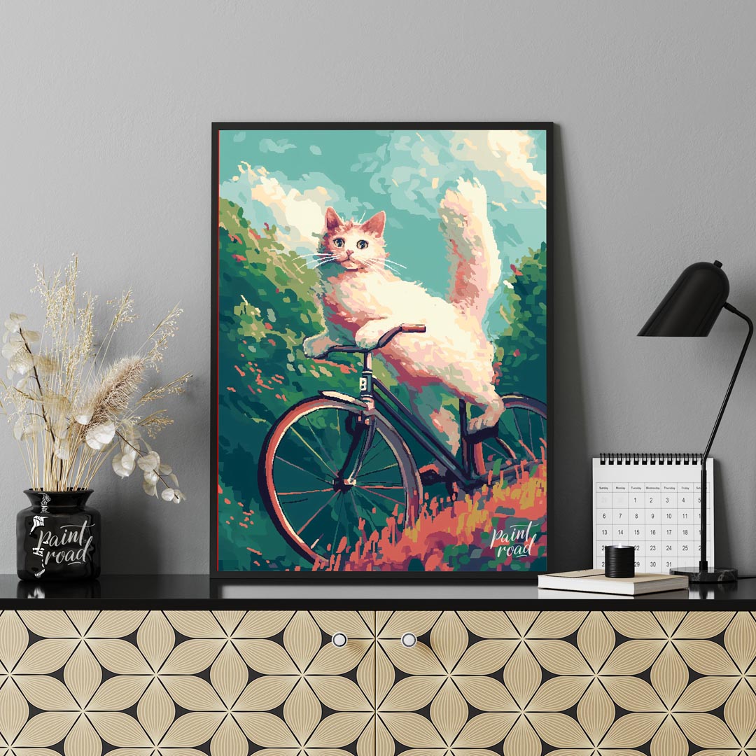 This charming digital painting features a fluffy white cat with bright blue eyes, in mid-leap or an… for office