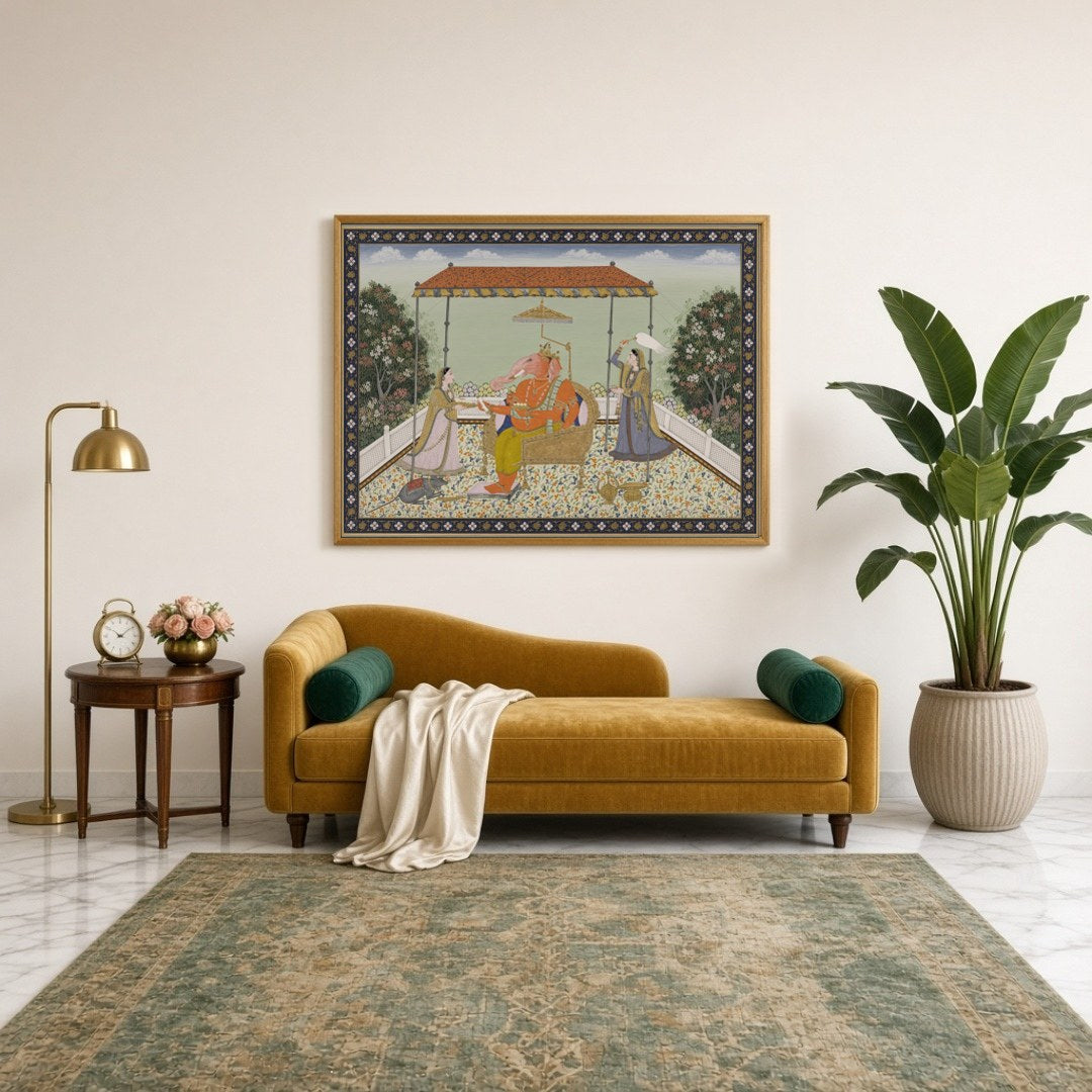 Celebrate the majestic aura of Lord Ganesha in this exquisite Pichwai art piece. Rendered with for Sitting Lounge