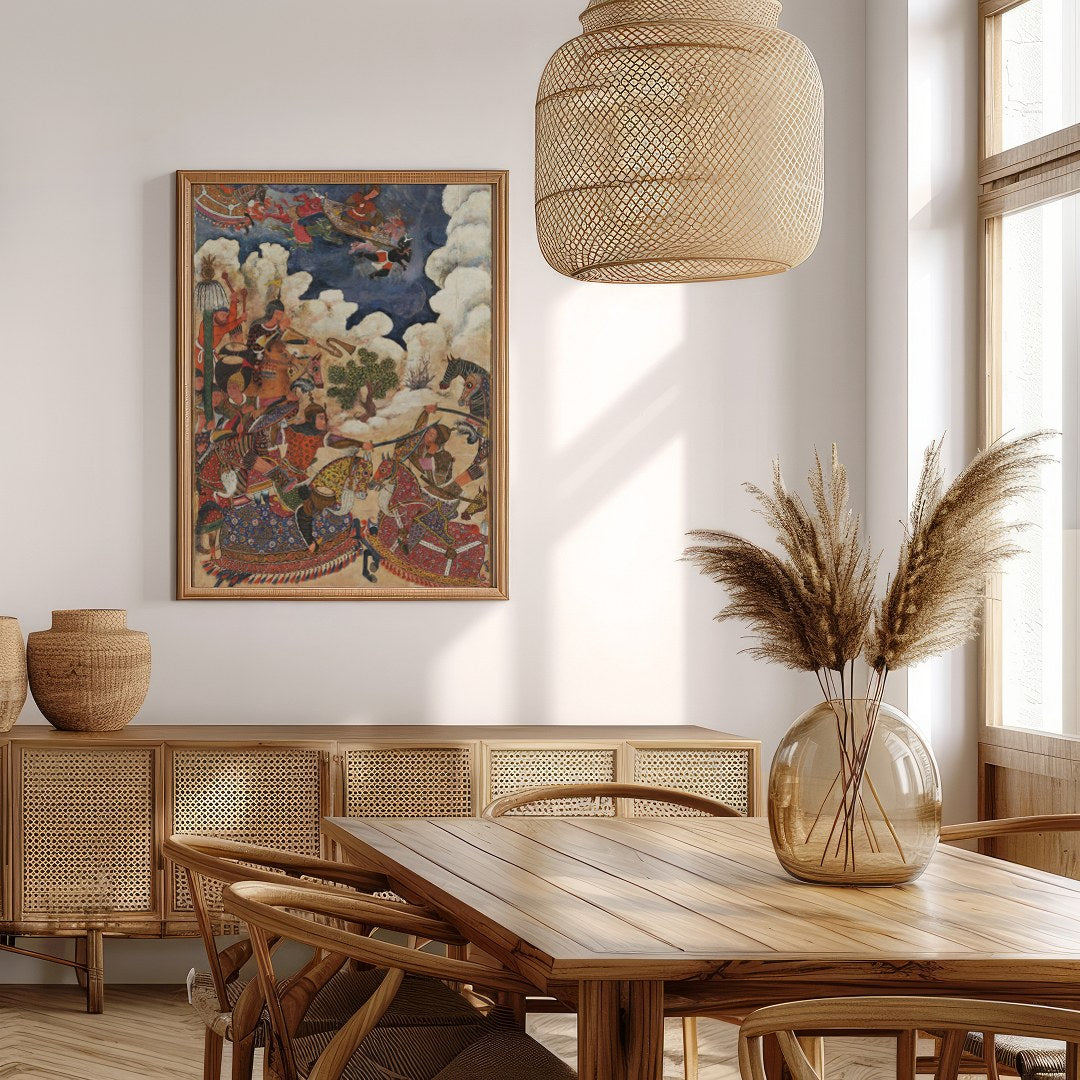 This captivating artwork depicts an animated Persian battle scene, rich in historical detail and for Extra Kitchen