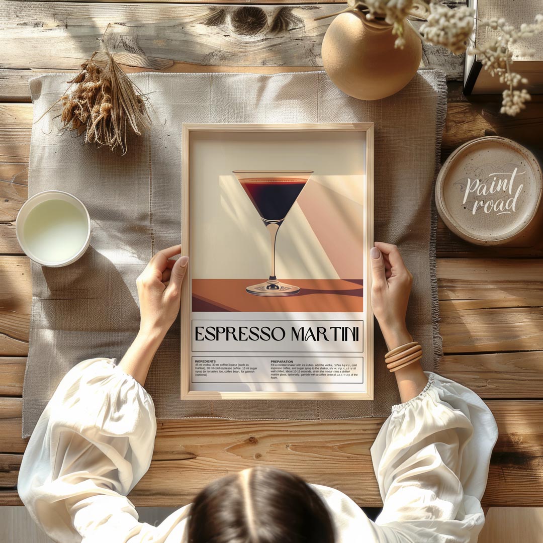This sleek and sophisticated poster showcases an Espresso Martini, rendered with a rich, dark brown… for kitchen