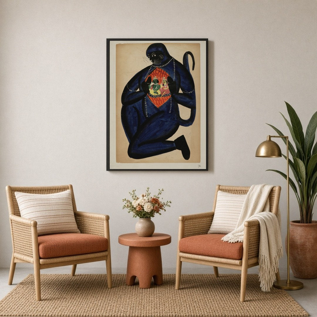 Immerse yourself in a captivating piece of Ramayana art with this stunning depiction of Hanuman for Sitting Lounge