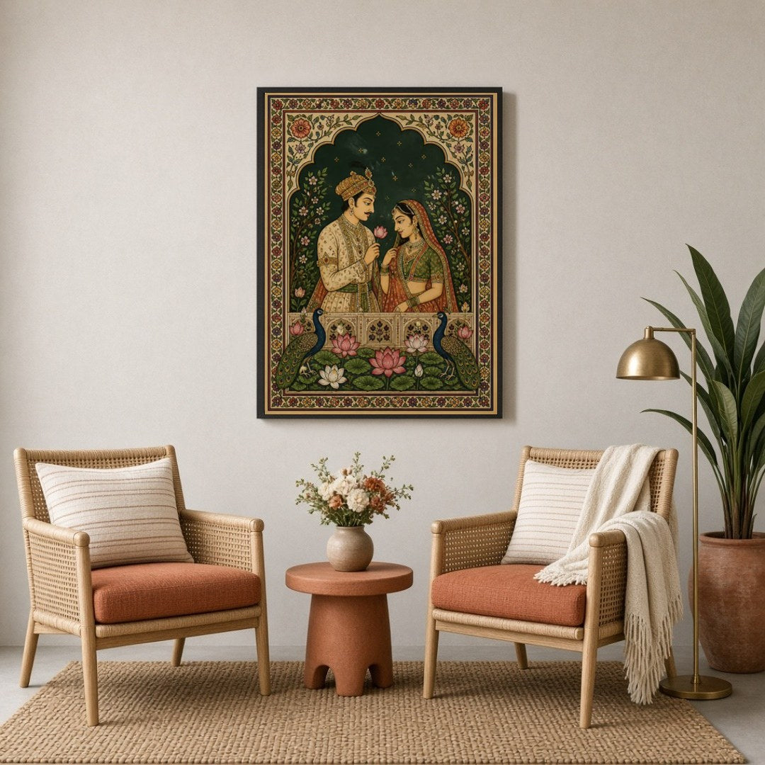 Immerse in the timeless love of Radha and Krishna, beautifully captured in this Indian Miniature for Sitting Lounge