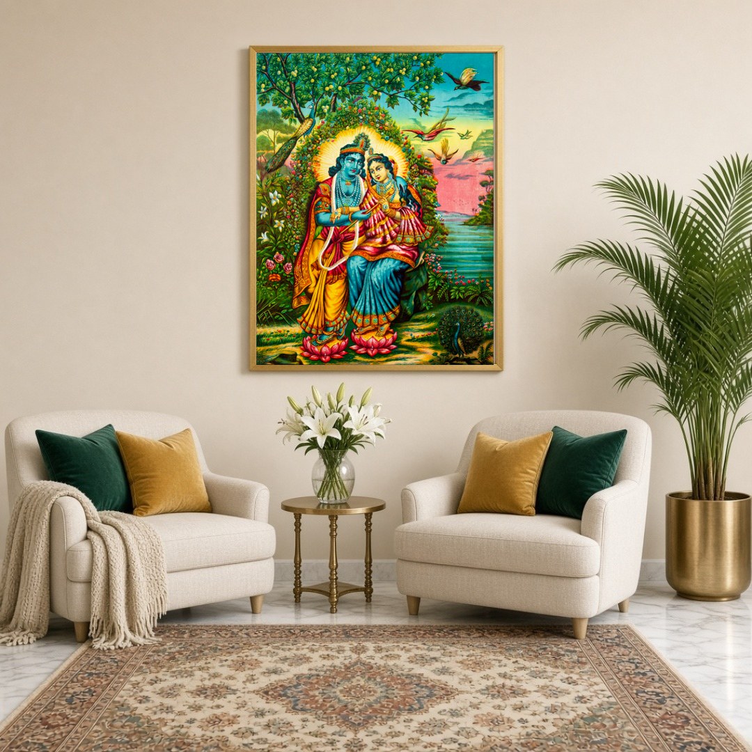 Immerse yourself in the serene beauty of this exquisite Pichwai artwork. Featuring the divine for Sitting Lounge