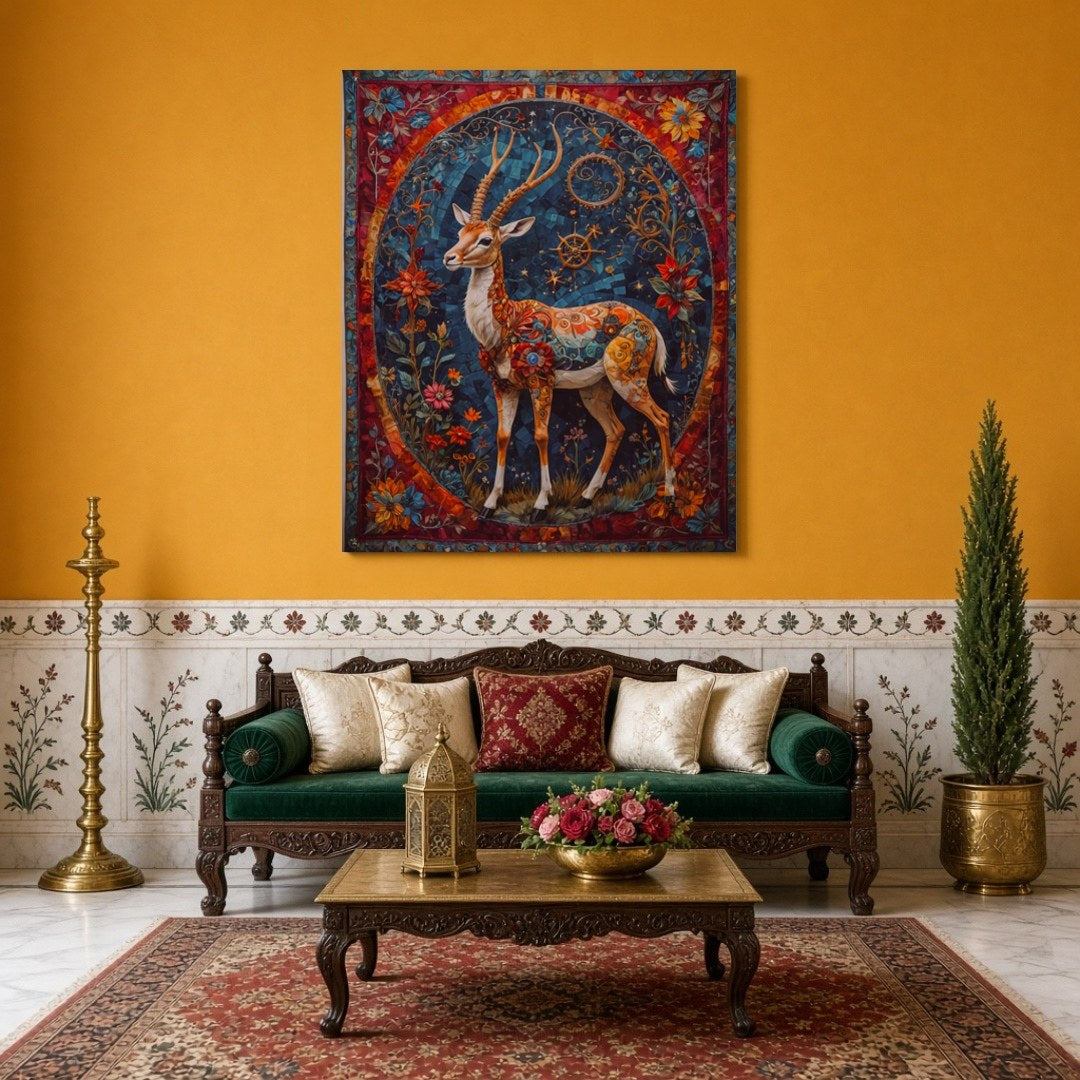 This mesmerizing artwork features an elegant deer adorned with intricate patterns and surrounded by for Sitting Area