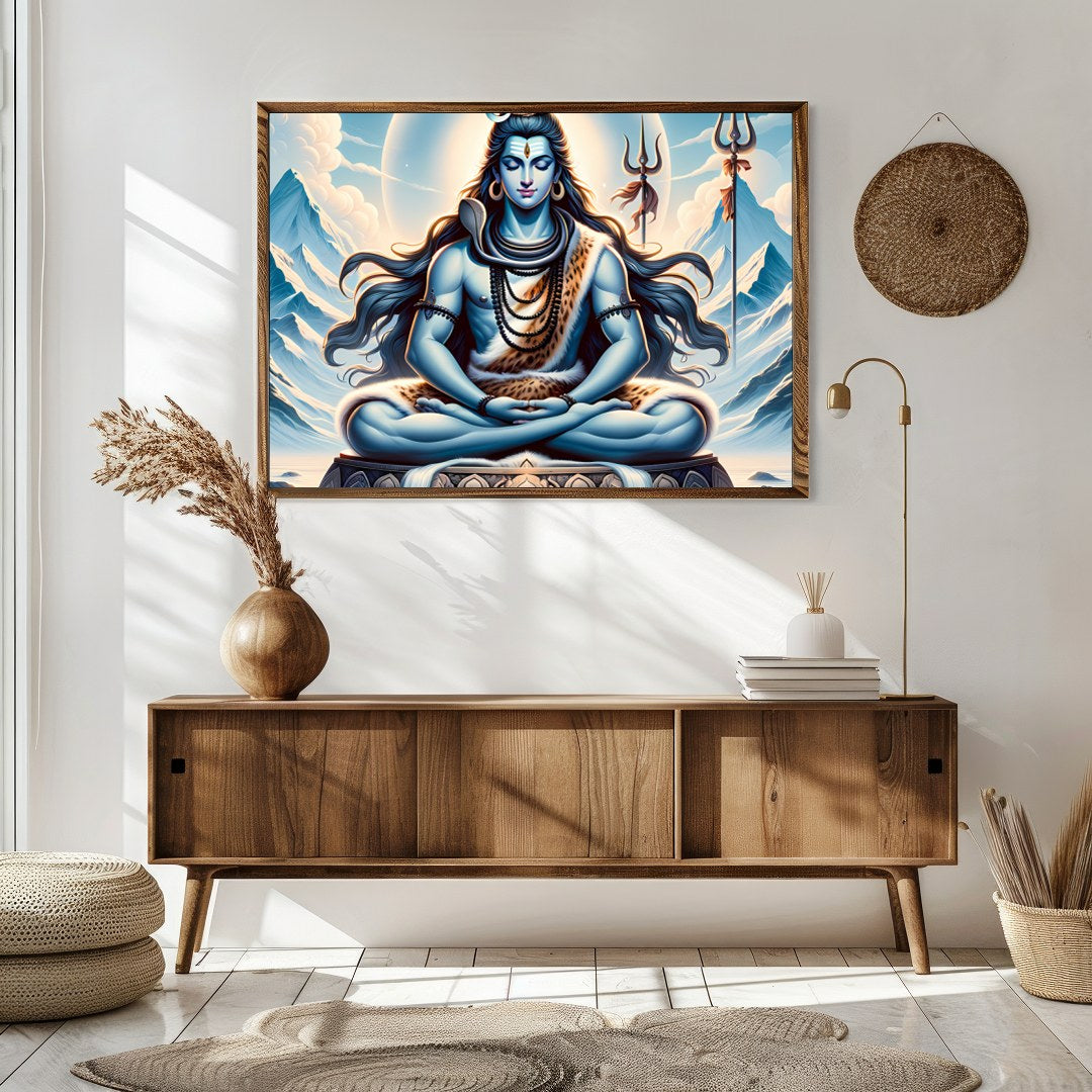 Immerse yourself in tranquility with this captivating artwork depicting a meditative deity against for Sitting Area