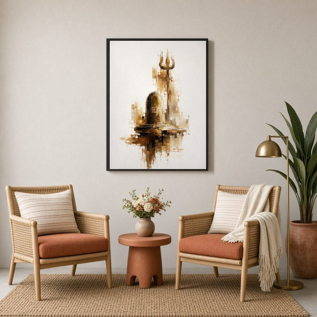 Experience the tranquil energy of a Shivling and Trishul captured in a harmonious palette of ochre, for Sitting Lounge