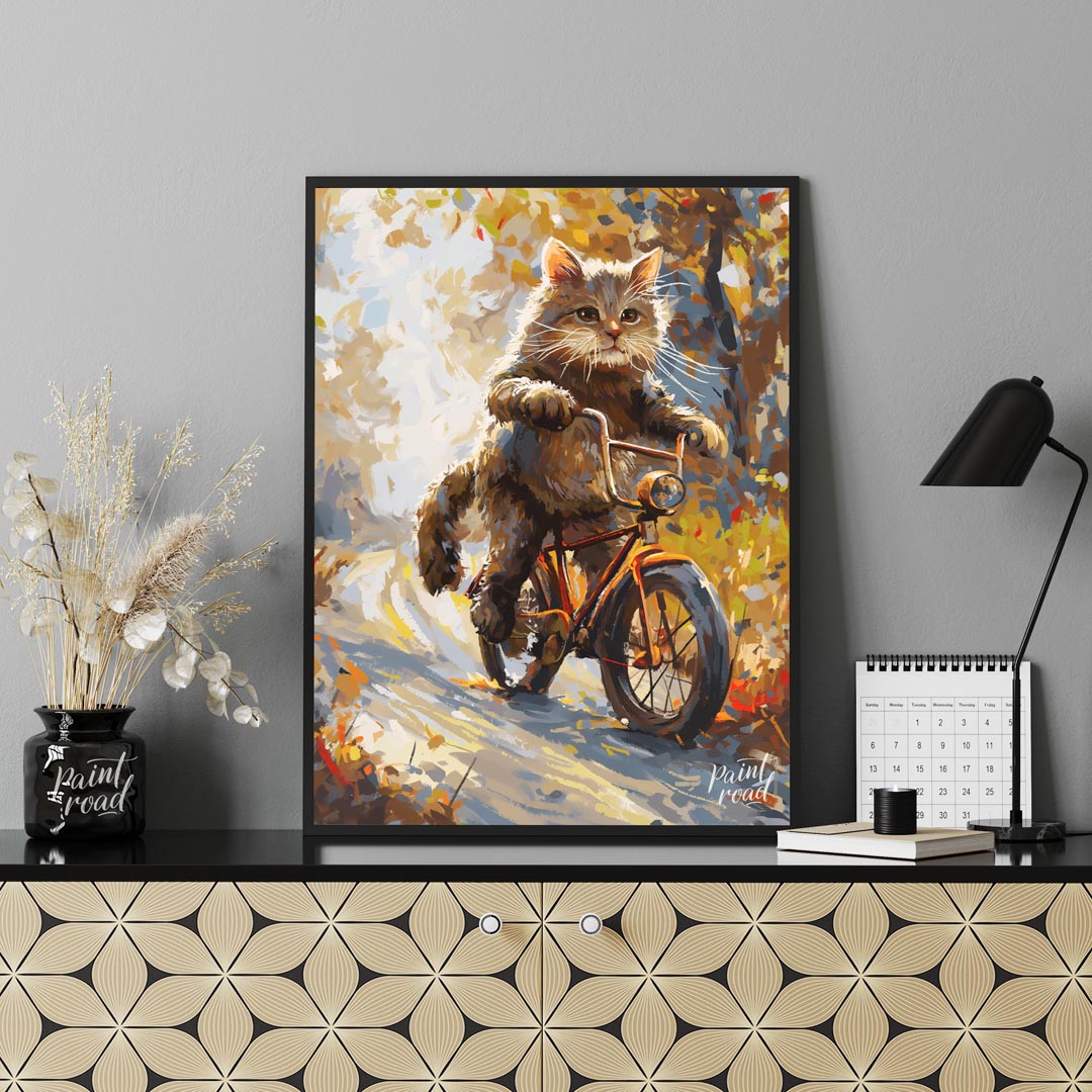 This whimsical digital painting depicts a fluffy brown cat, with vibrant green eyes and prominent w… for office