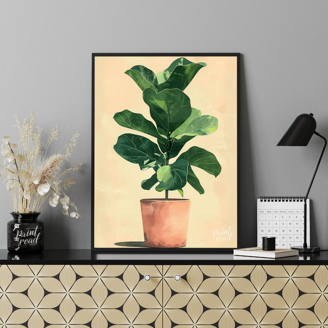 This charming and contemporary illustration features a tall, healthy Fiddle Leaf Fig plant, a popul… for office
