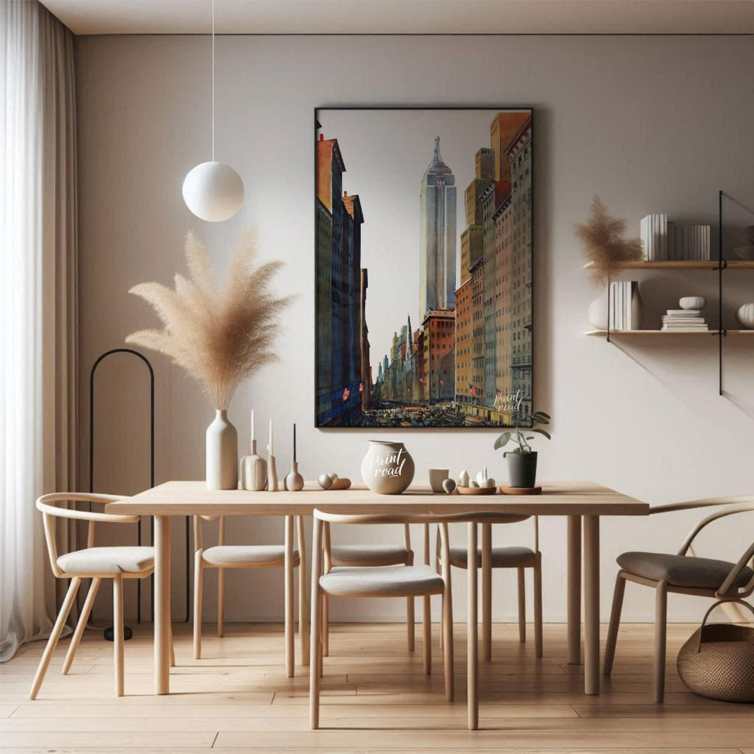 Fifth Avenue Empire State Painting available online at Paintroad showing American flags architectural art and city life