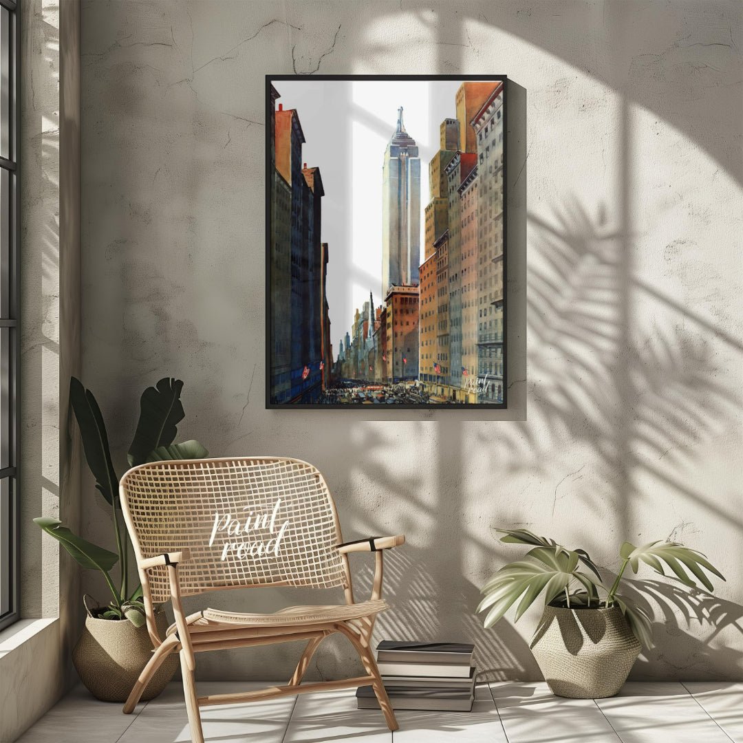 Fifth Avenue Empire State Painting available online at Paintroad showing American flags architectural art and city life