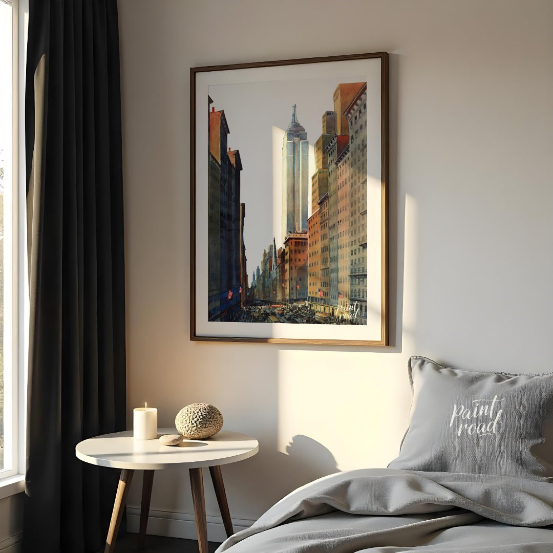 Fifth Avenue Empire State Painting available online at Paintroad showing American flags architectural art and city life