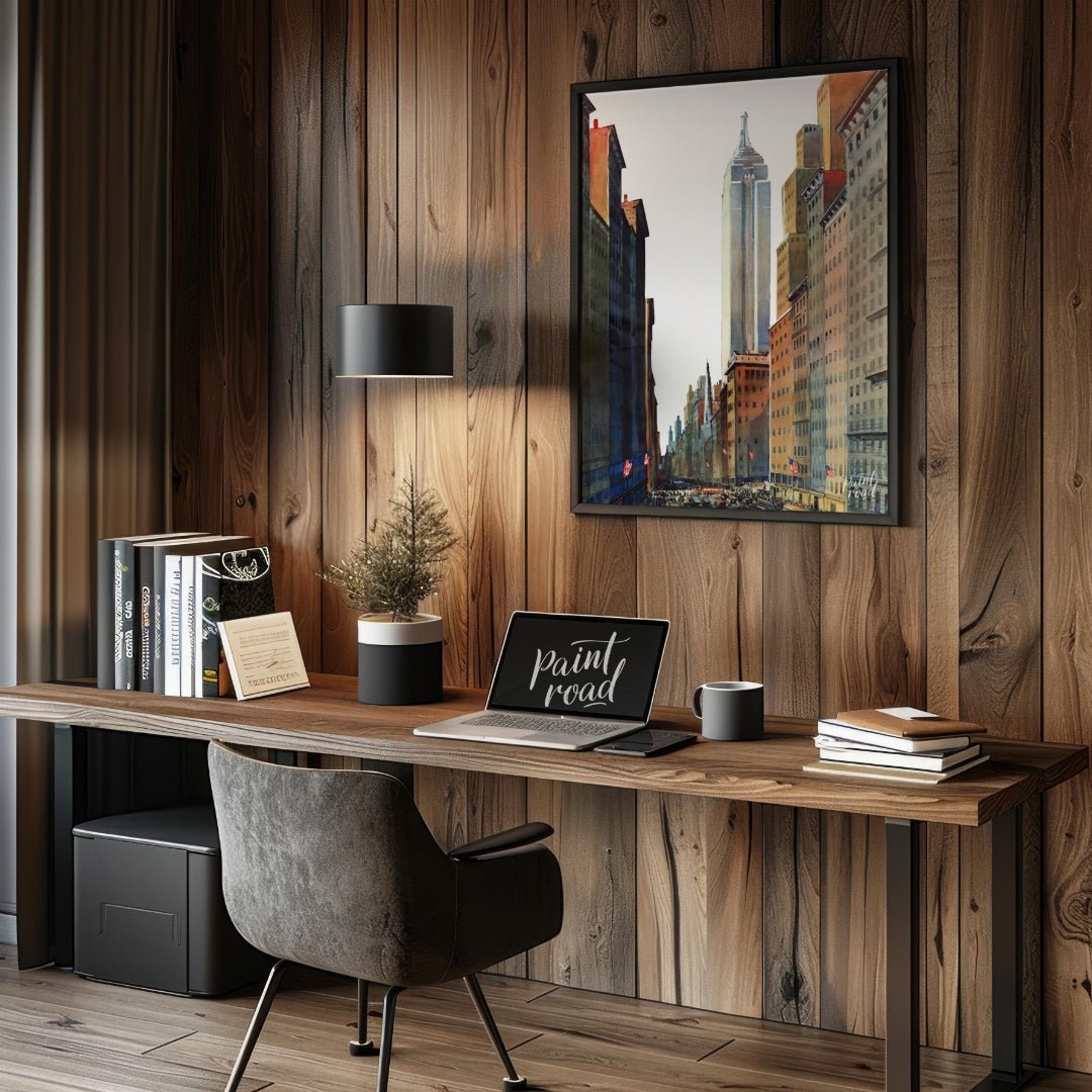 Fifth Avenue Empire State Painting available online at Paintroad showing American flags architectural art and city life