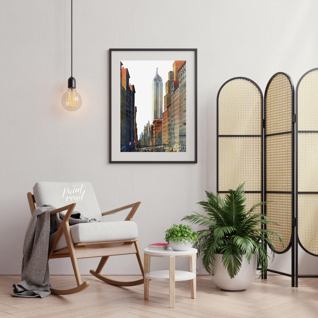 Fifth Avenue Empire State Painting available online at Paintroad showing American flags architectural art and city life