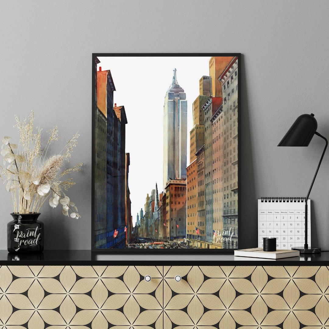 Fifth Avenue Empire State Painting available online at Paintroad showing American flags architectural art and city life