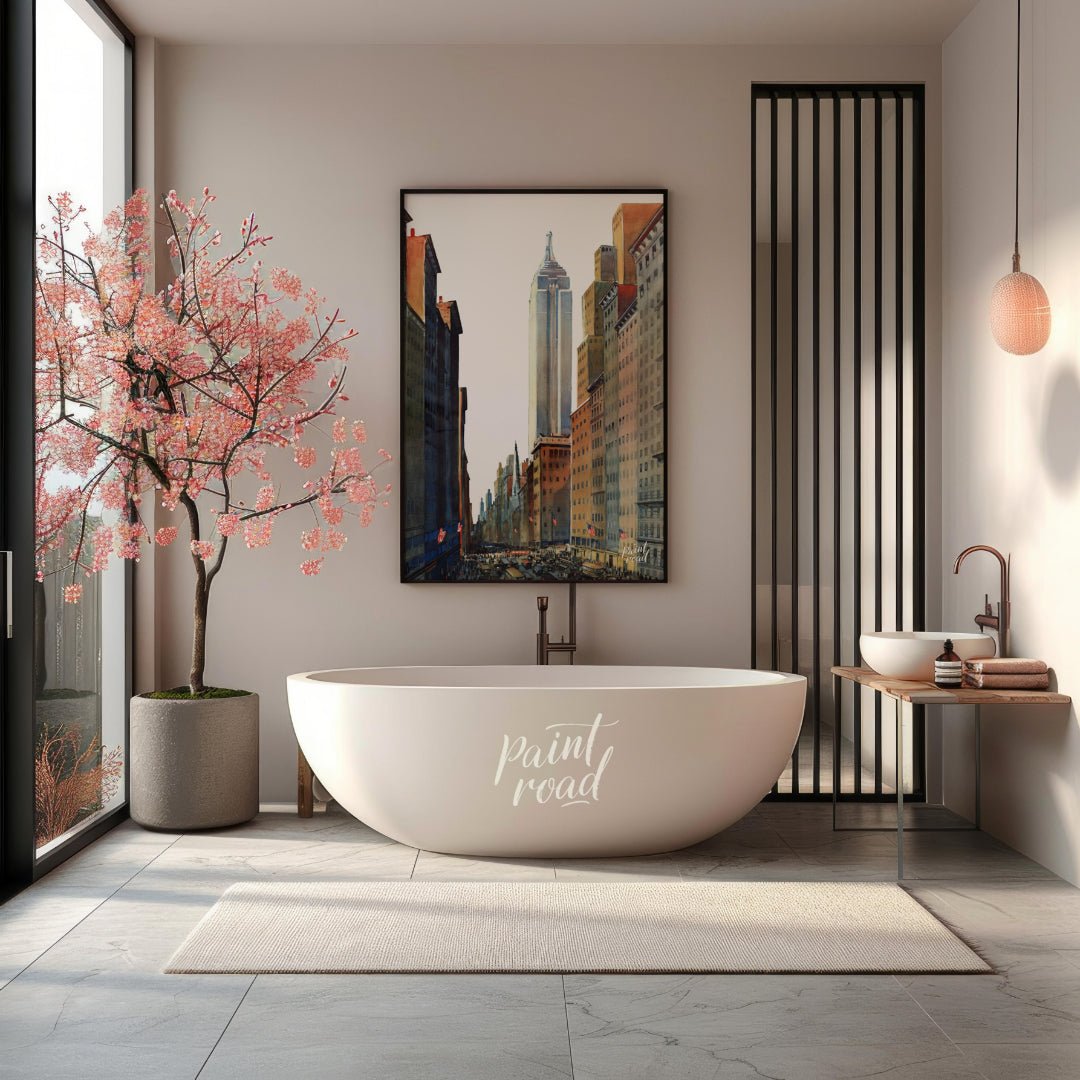 Fifth Avenue Empire State Painting available online at Paintroad showing American flags architectural art and city life