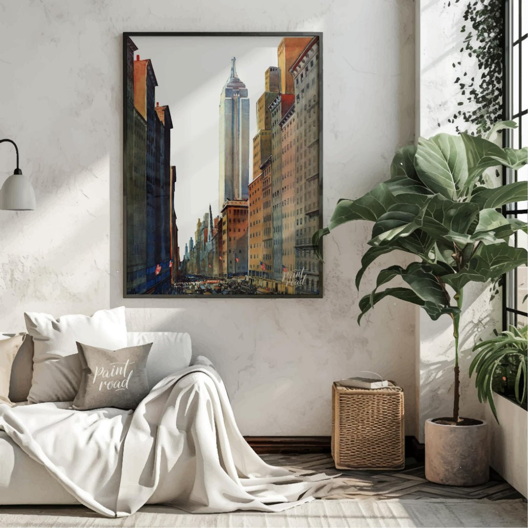 Fifth Avenue Empire State Painting available online at Paintroad showing American flags architectural art and city life